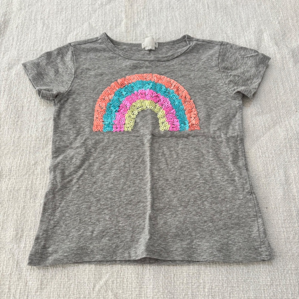 Crewcuts J.Crew Girls Gray Sequin Rainbow Short Sleeve T-Shirt Size 4-5